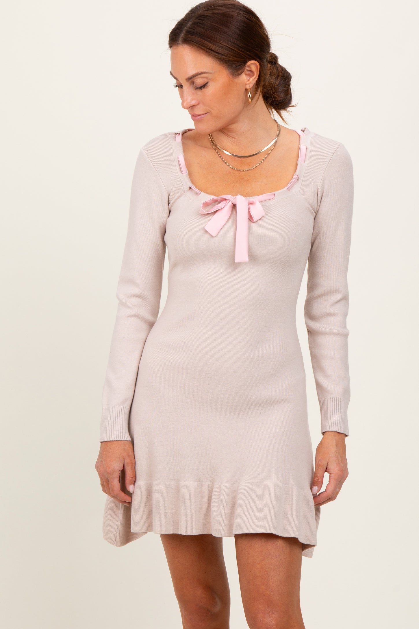Beige Knit Ribbon Detail Neckline Maternity Mini Dress