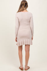 Beige Knit Ribbon Detail Neckline Maternity Mini Dress