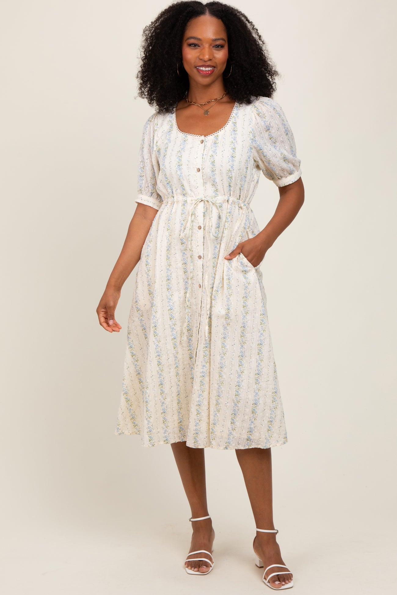 Light Blue Swiss Dot Floral Print Button Down Maternity Midi Dress