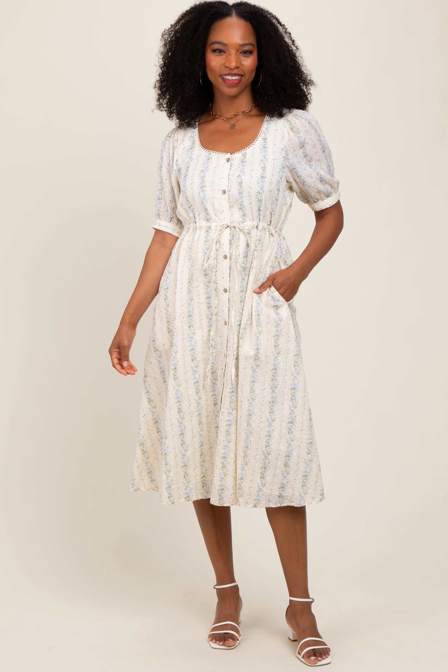 Light Blue Swiss Dot Floral Print Button Down Maternity Midi Dress