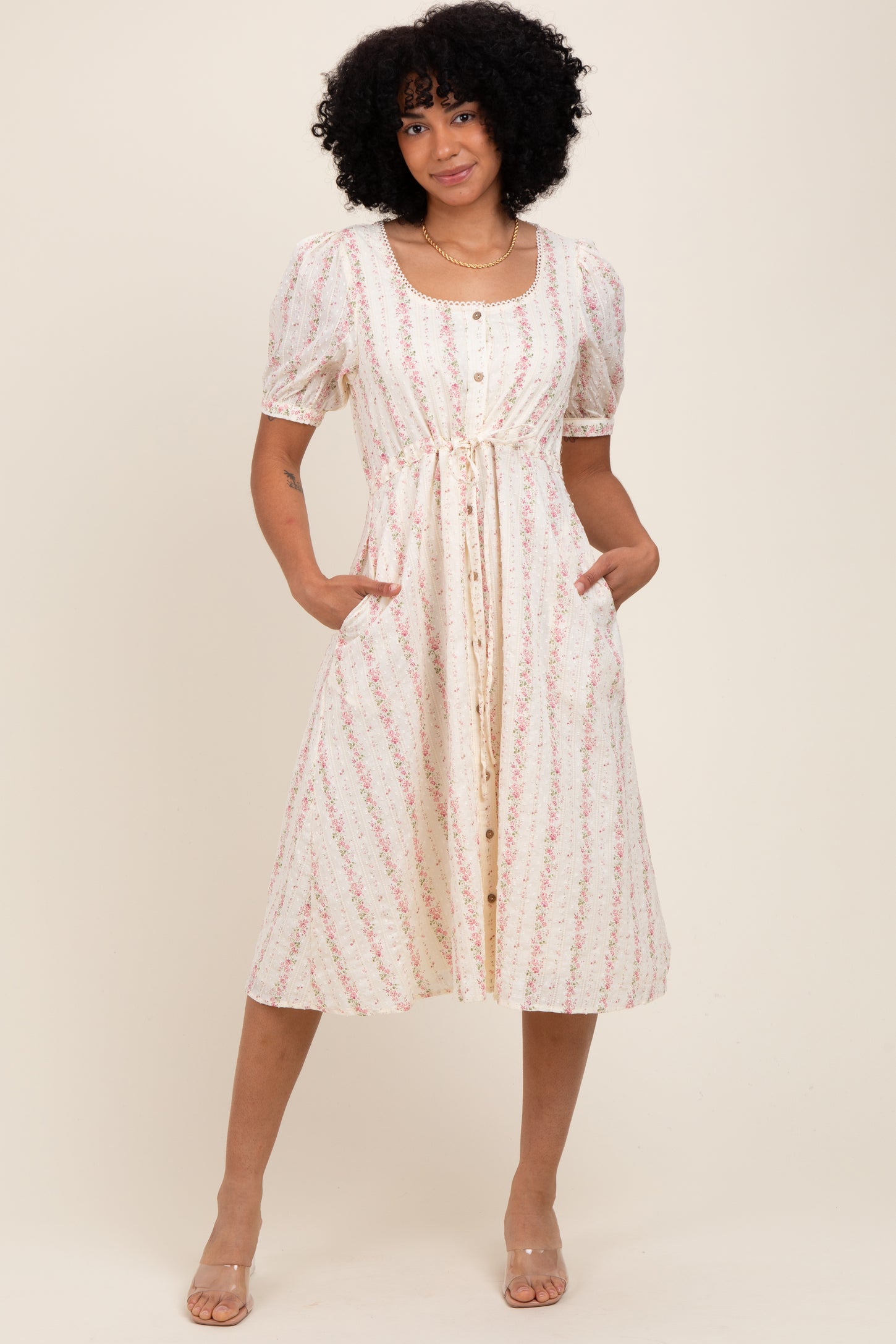Light Pink Swiss Dot Floral Print Button Down Maternity Midi Dress