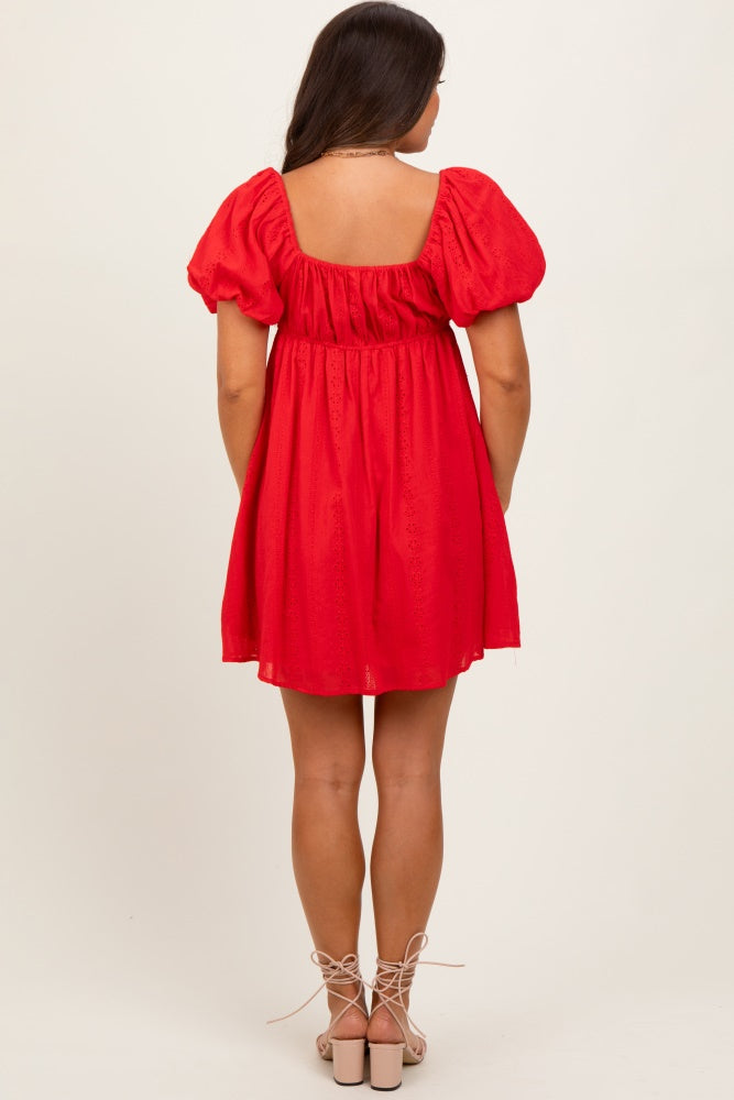 Red Eyelet Lace Puff Sleeve Maternity Mini Dress