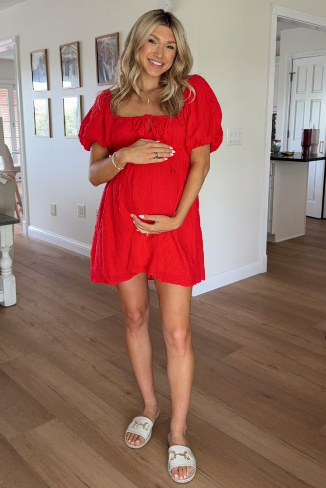 Red Eyelet Lace Puff Sleeve Maternity Mini Dress