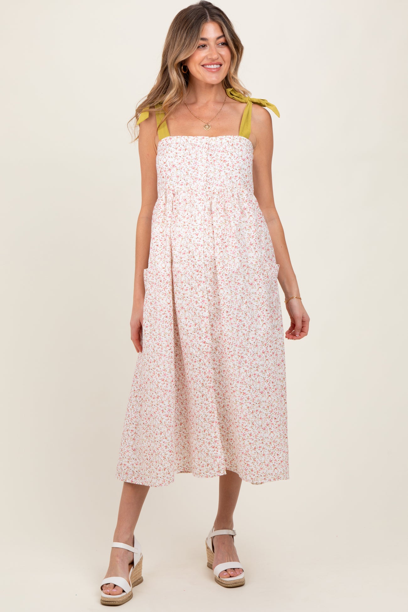 Cream Floral Shoulder Tie Button Down Maternity Midi Dress