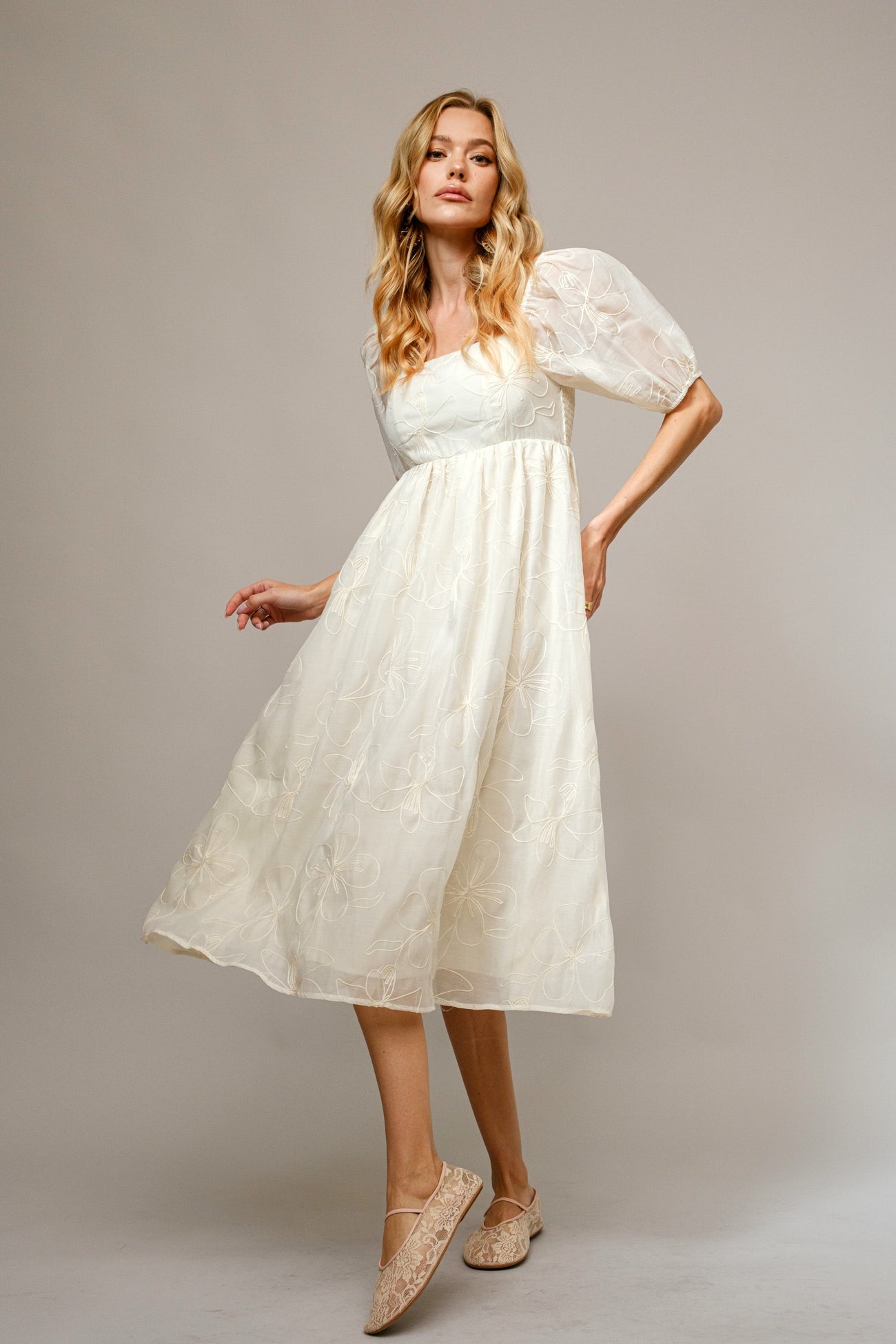 Cream Embroidered Floral Puff Sleeve Maternity Midi Dress
