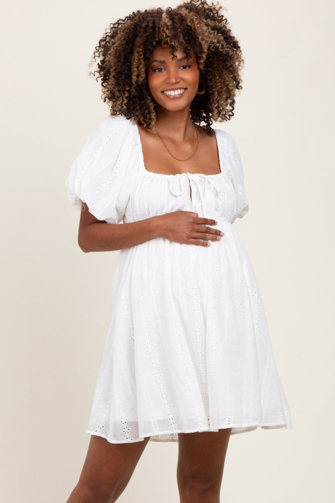 Ivory Eyelet Lace Puff Sleeve Maternity Mini Dress