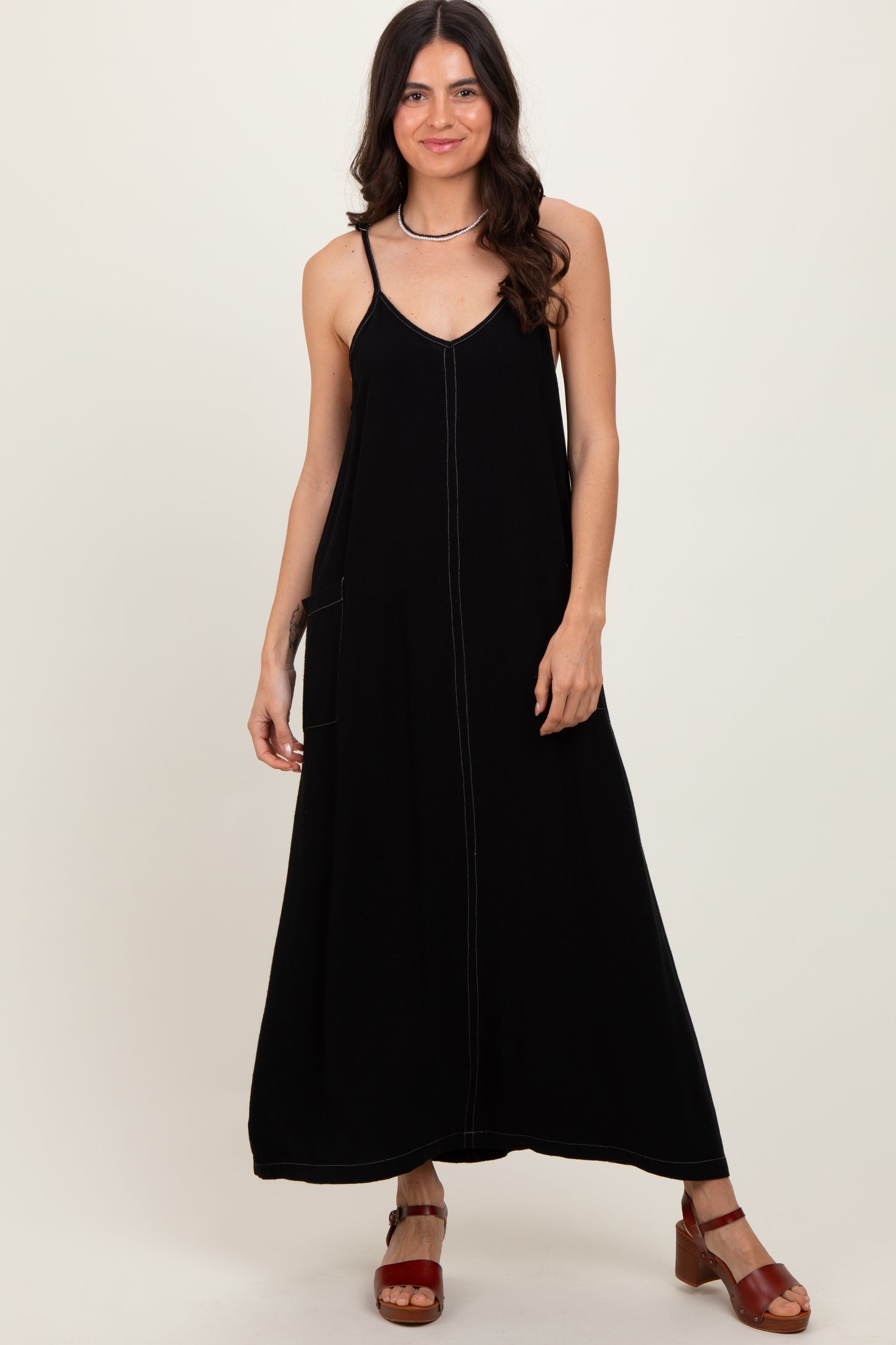 Black Linen Mixed Overall Midi Dress