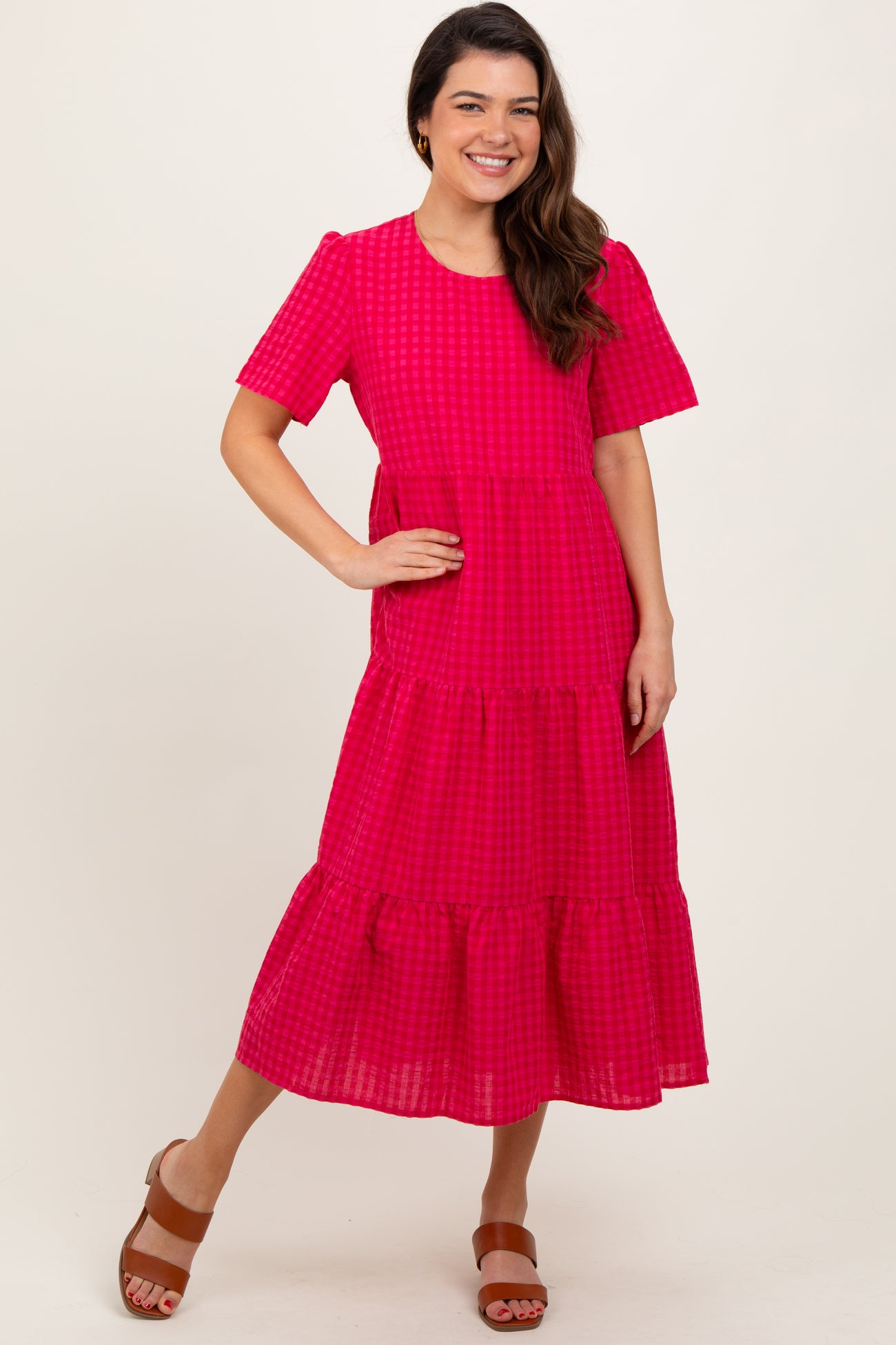 Fuchsia Short Sleeve Tiered Midi Dress