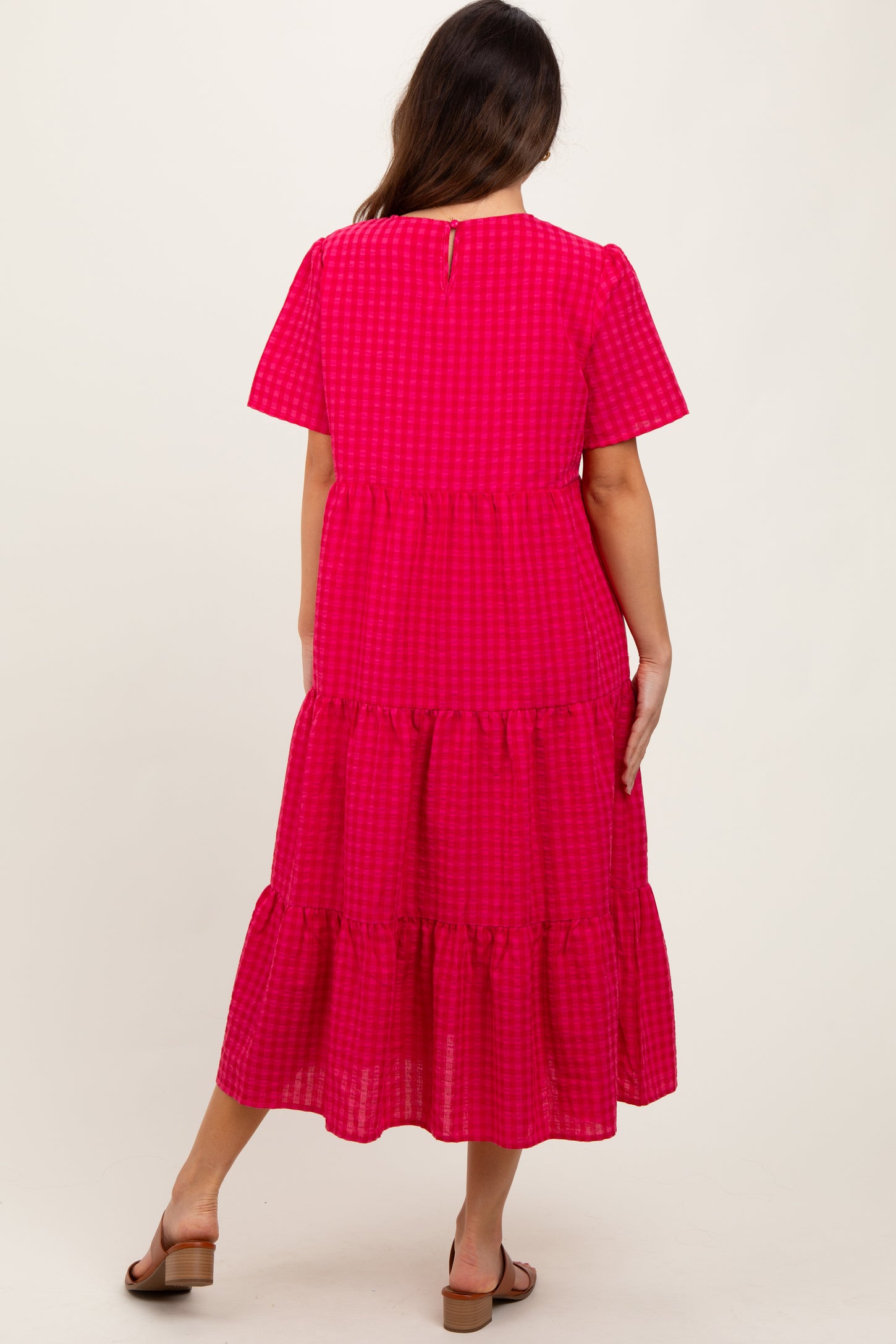Fuchsia Short Sleeve Tiered Midi Dress
