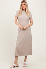 Beige Ribbed Short Sleeve Maternity Midi Dress