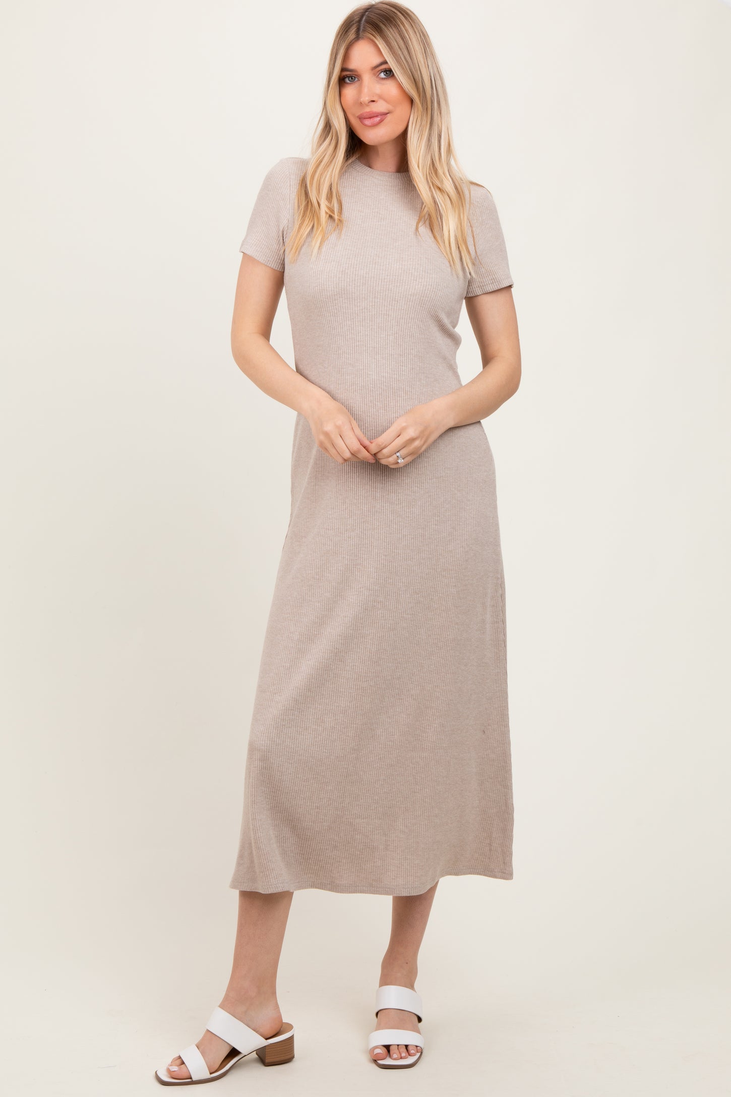 Beige Ribbed Short Sleeve Midi Dress