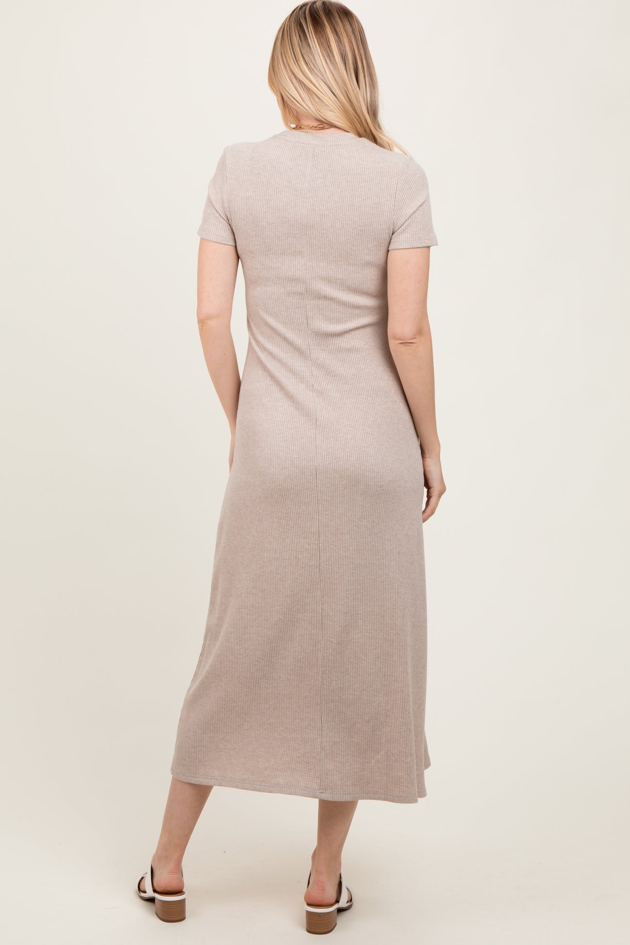 Beige Ribbed Short Sleeve Midi Dress