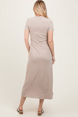Beige Ribbed Short Sleeve Midi Dress