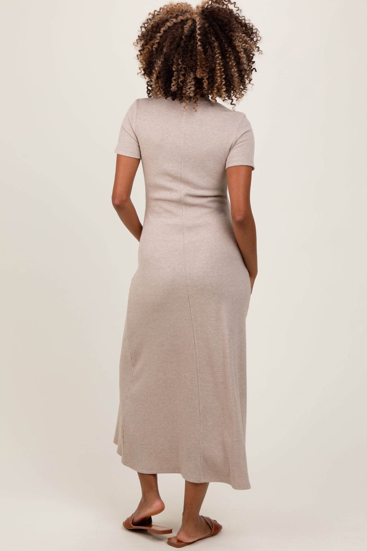 Beige Ribbed Short Sleeve Maternity Midi Dress