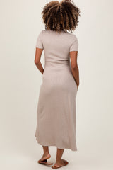 Beige Ribbed Short Sleeve Maternity Midi Dress