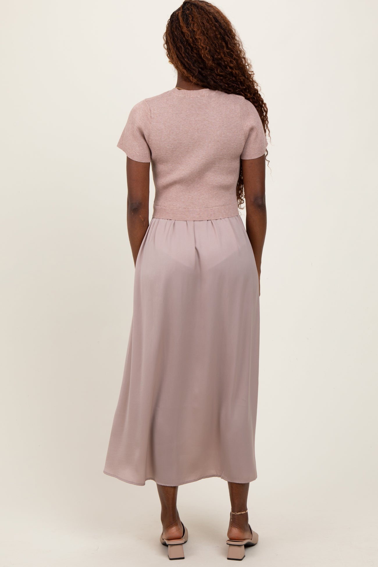 Taupe Knit Contrast Top Satin Short Sleeve Midi Dress
