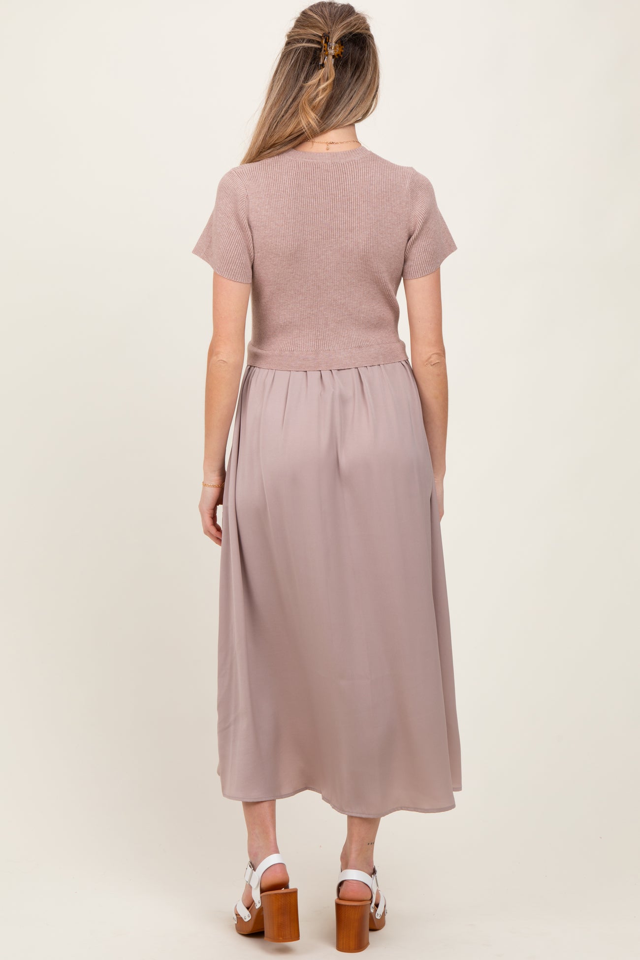 Taupe Knit Contrast Top Satin Short Sleeve Maternity Midi Dress