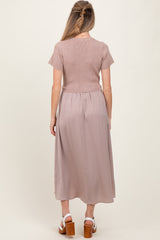 Taupe Knit Contrast Top Satin Short Sleeve Maternity Midi Dress