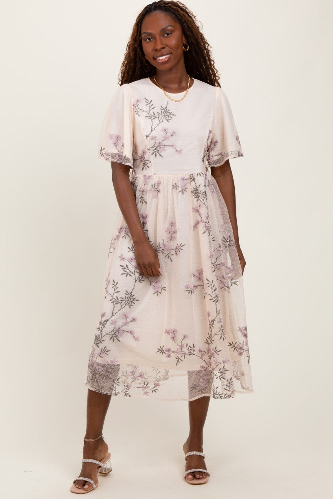 Ivory Floral Embroidered Mesh Maternity Midi Dress