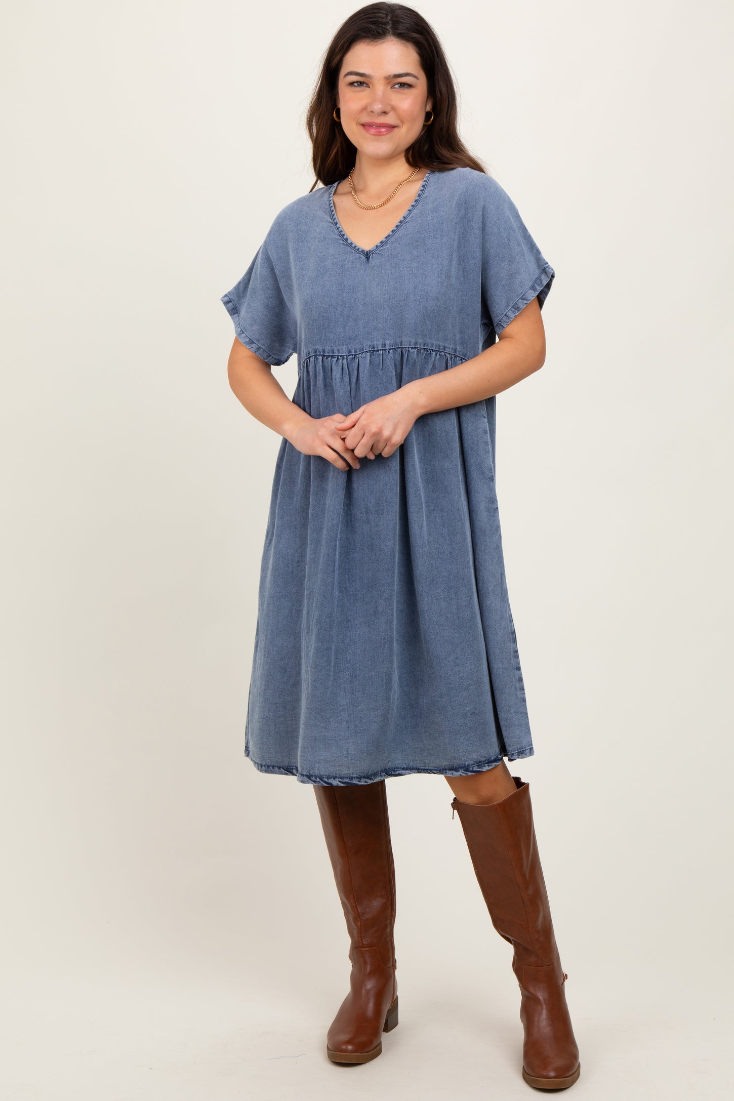 Blue Denim V-Neck Short Sleeve Dress