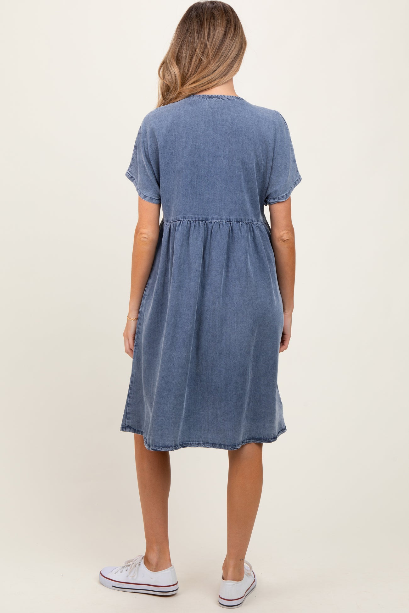 Blue Denim V-Neck Short Sleeve Maternity Dress
