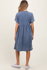 Blue Denim V-Neck Short Sleeve Maternity Dress