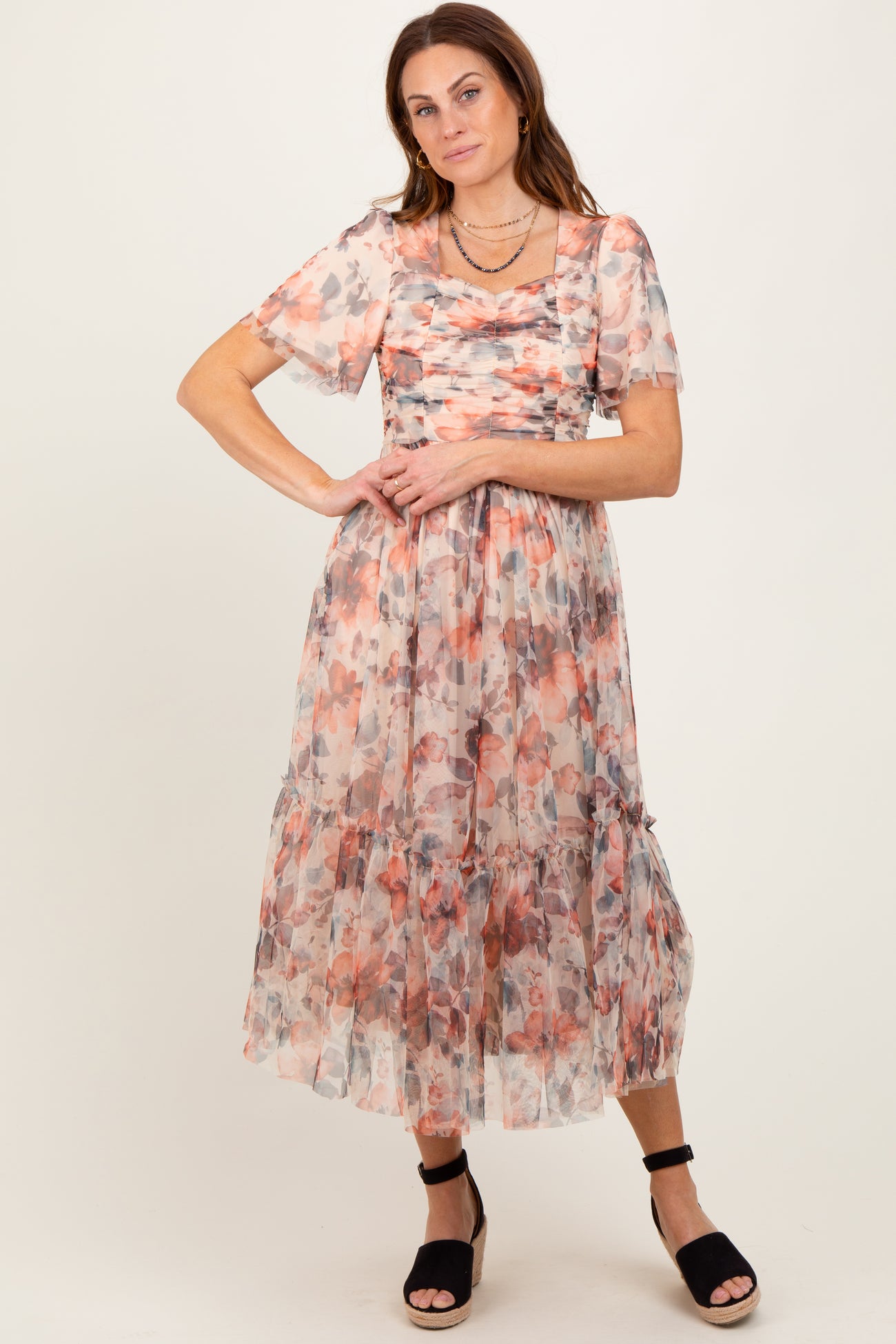 Peach Floral Mesh Sweetheart Neck Maternity Midi Dress