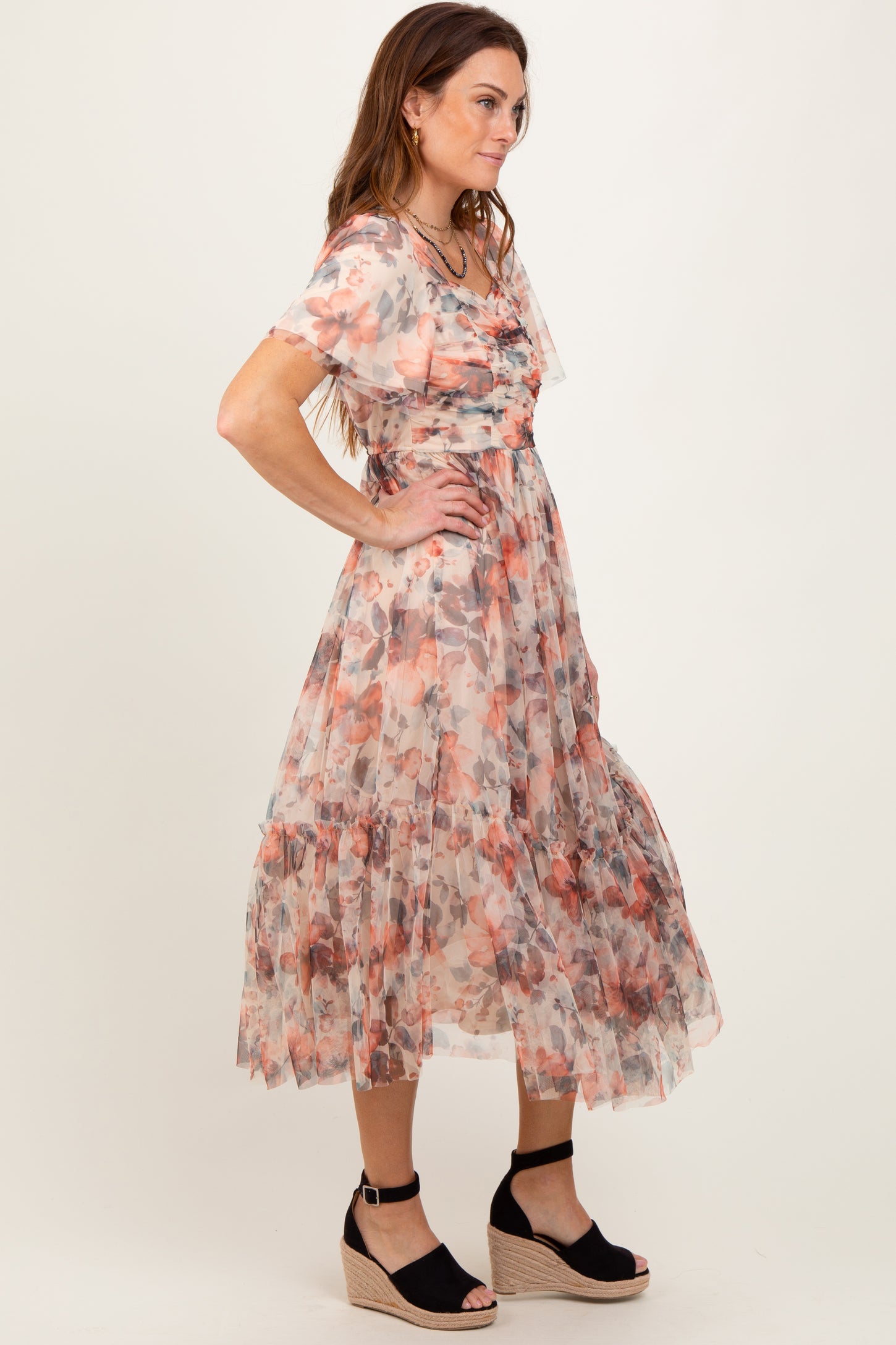 Peach Floral Mesh Sweetheart Neck Midi Dress