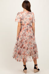 Peach Floral Mesh Sweetheart Neck Midi Dress