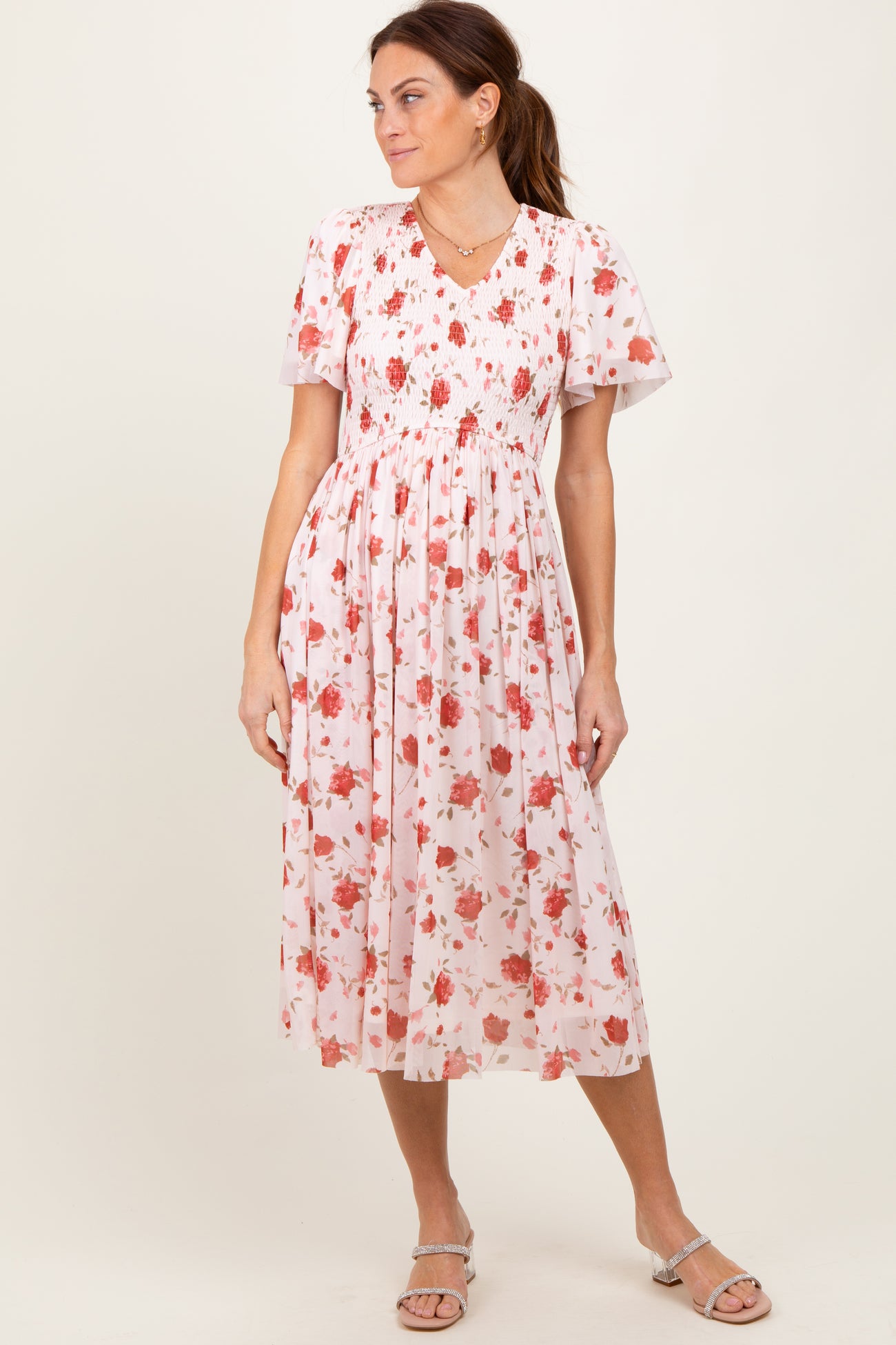 Light Pink Floral Smocked V-Neck Maternity Midi Dress