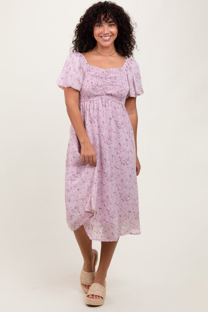 Lavender Floral Smocked Short Sleeve Maternity Midi Dress