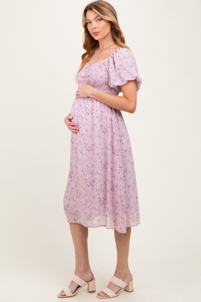 Lavender Floral Smocked Short Sleeve Maternity Midi Dress