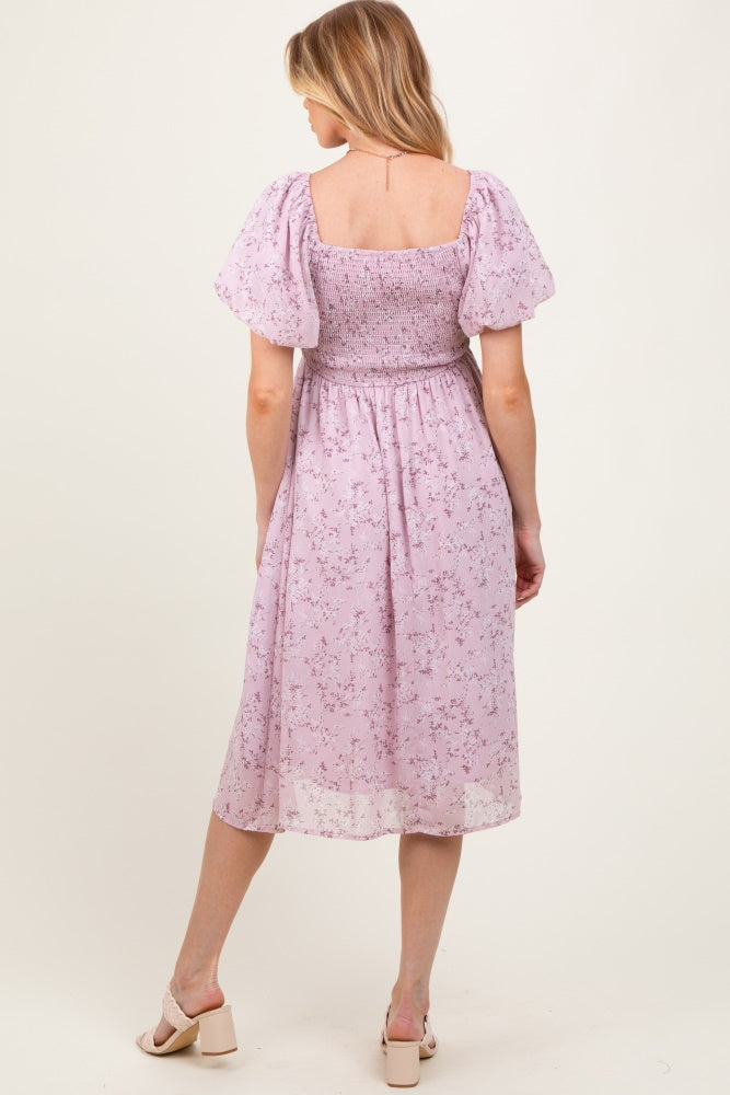 Lavender Floral Smocked Short Sleeve Maternity Midi Dress