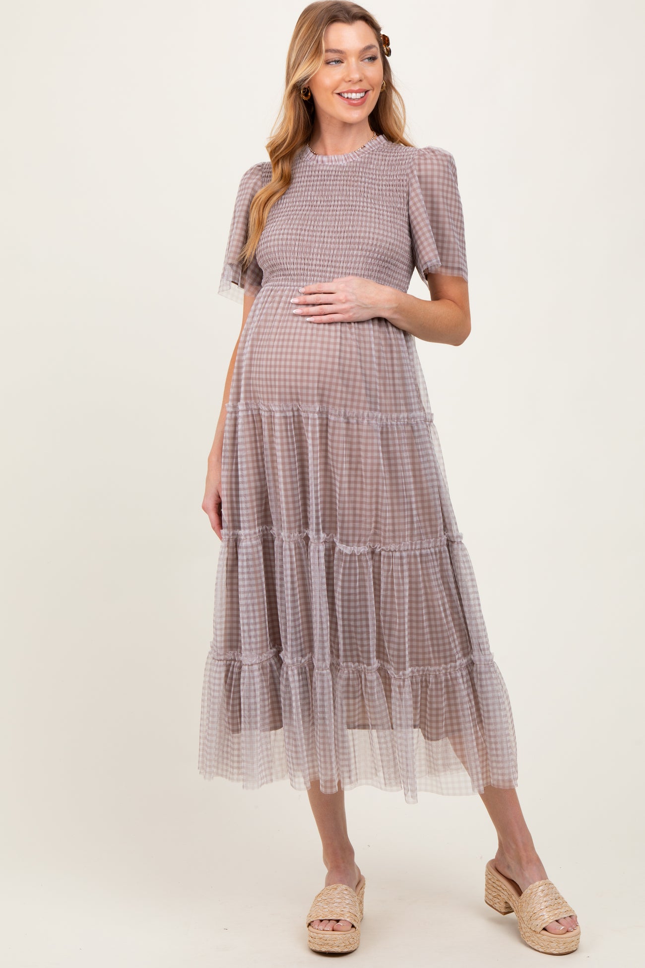 Grey Gingham Mesh Tiered Maternity Midi Dress