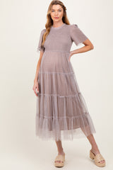 Grey Gingham Mesh Tiered Maternity Midi Dress