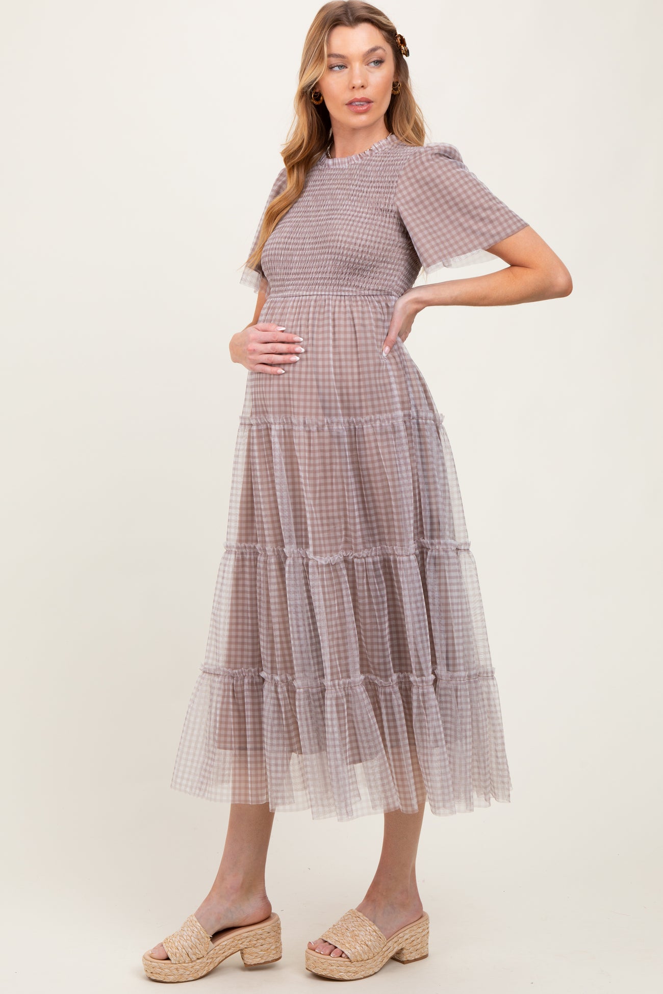 Grey Gingham Mesh Tiered Maternity Midi Dress