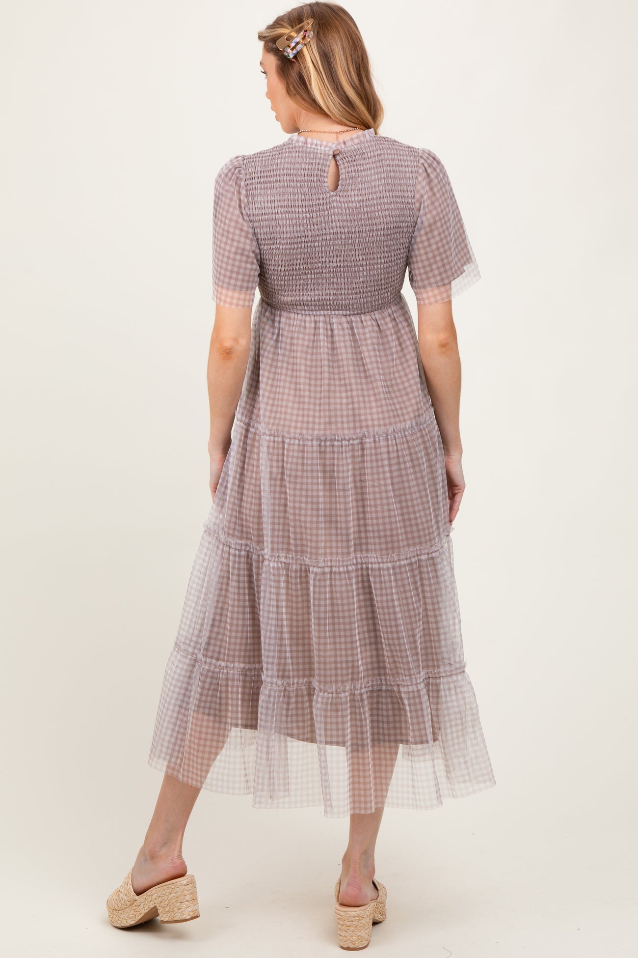 Grey Gingham Mesh Tiered Maternity Midi Dress