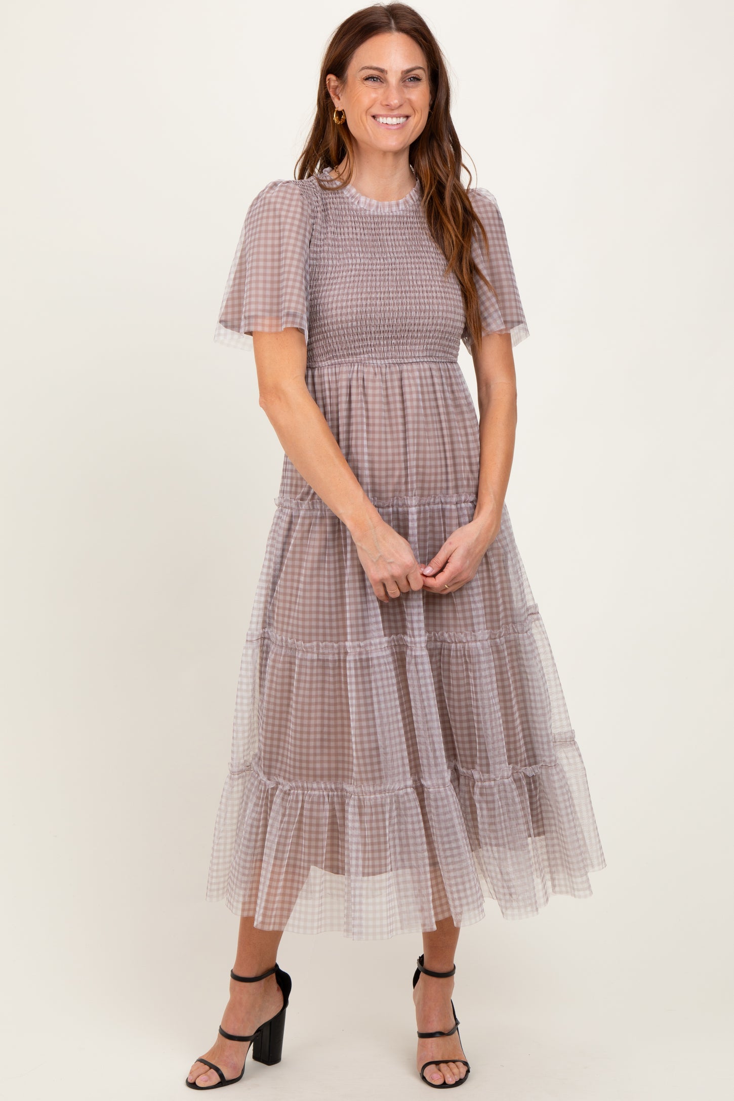 Grey Gingham Mesh Tiered Maternity Midi Dress