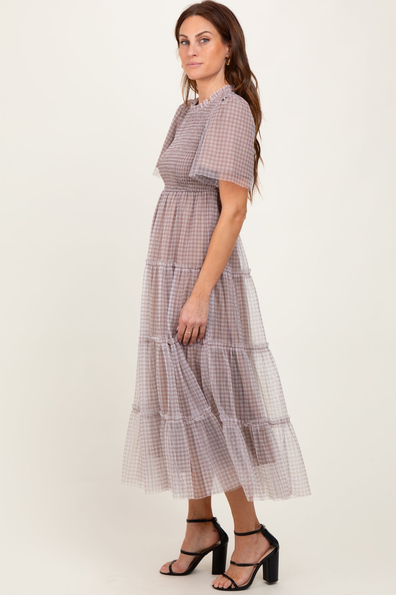 Grey Gingham Mesh Tiered Midi Dress