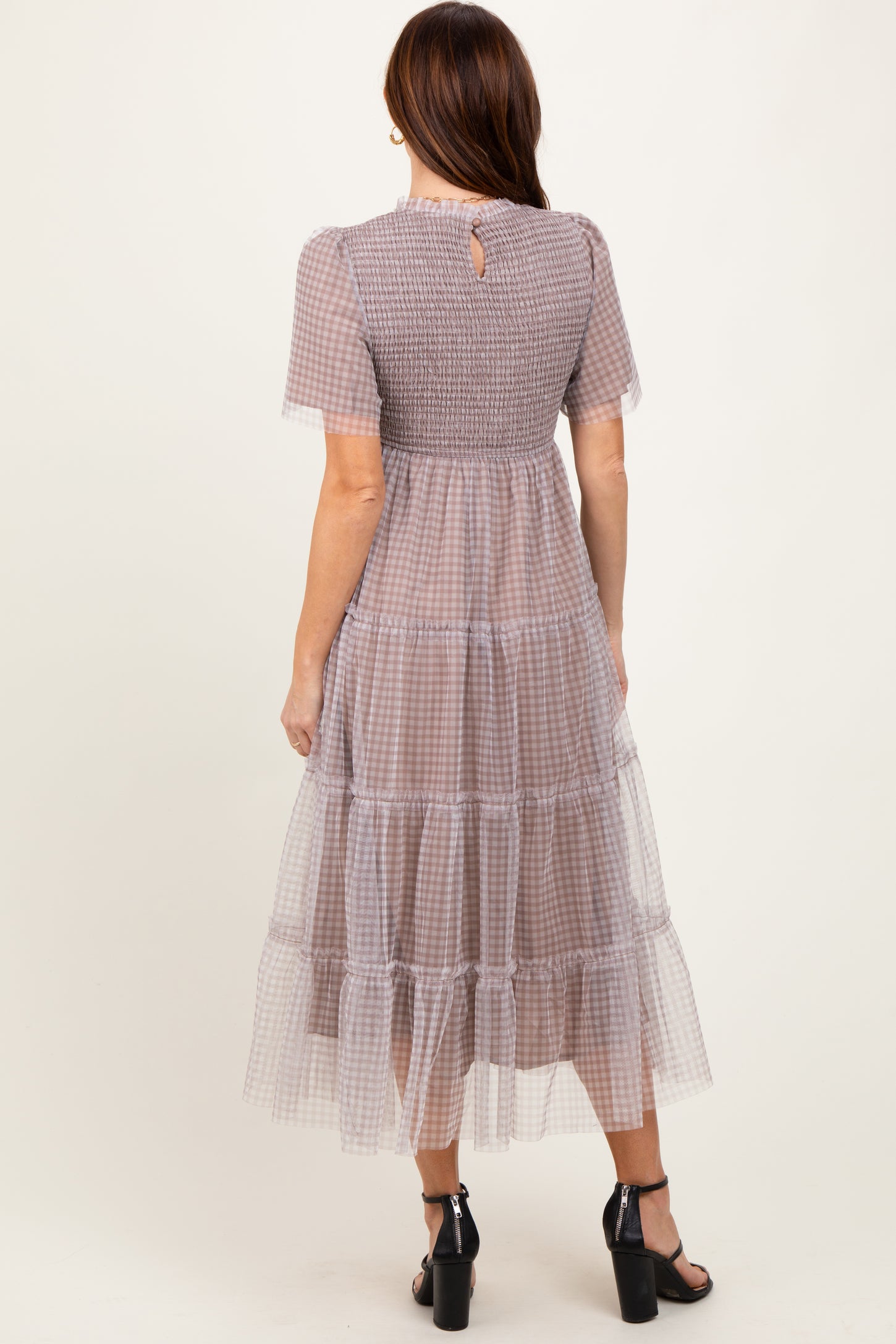 Grey Gingham Mesh Tiered Midi Dress