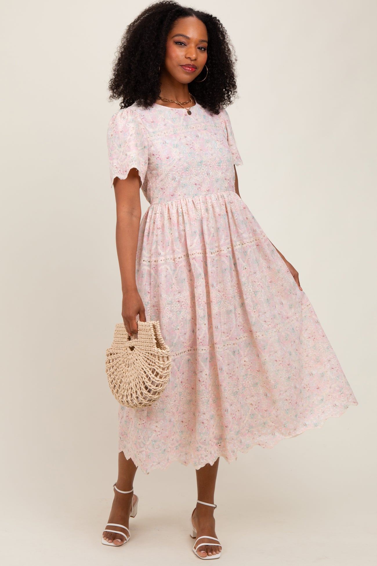 Light Pink Embroidered Chiffon Midi Dress