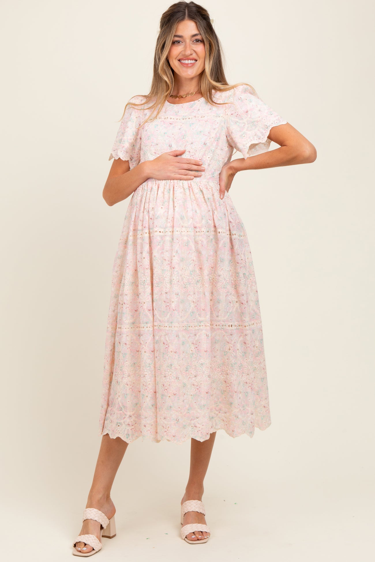 Light Pink Embroidered Chiffon Maternity Midi Dress