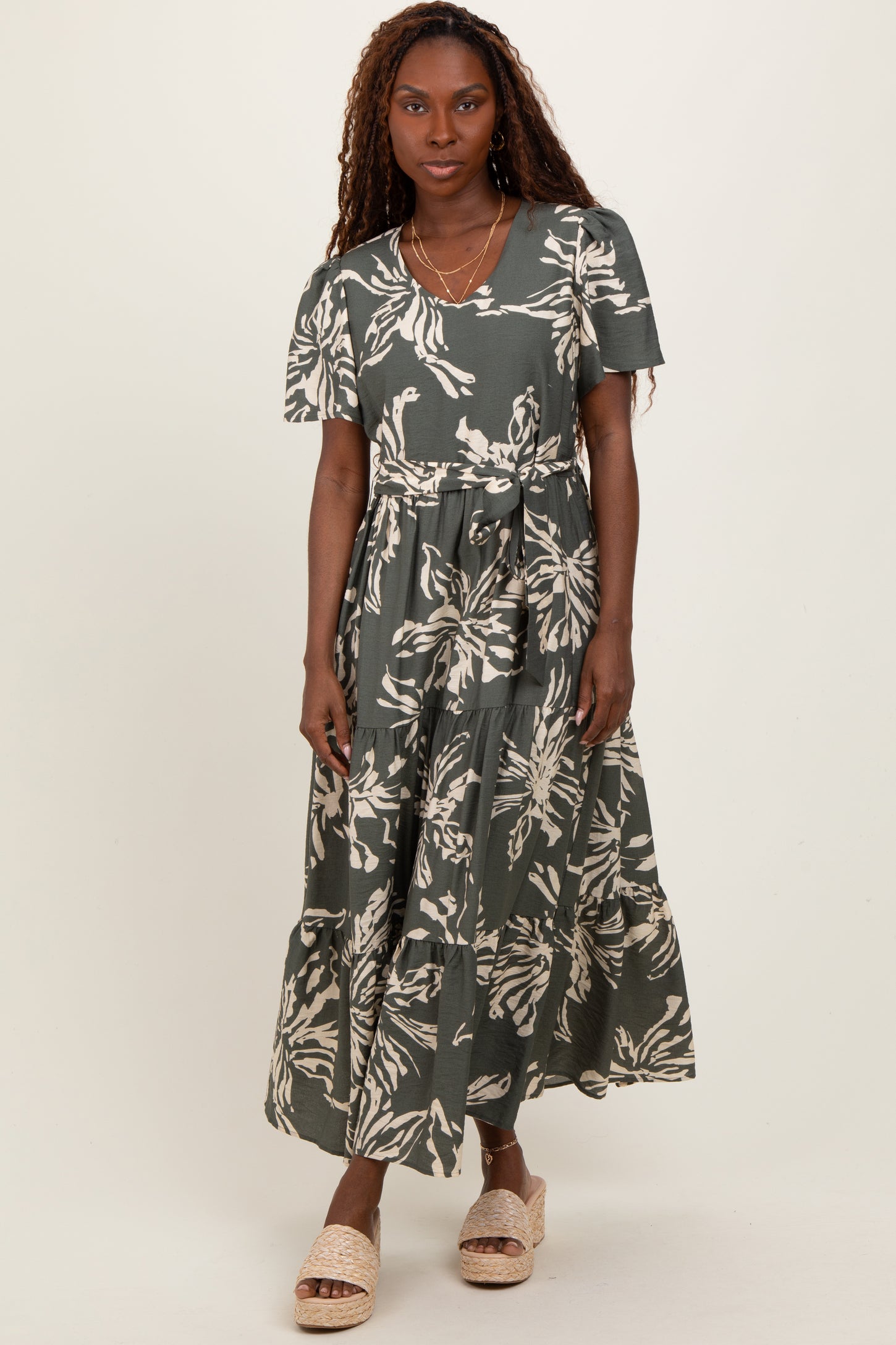 Olive Floral V-Neck Waist Tie Maternity Midi Dress