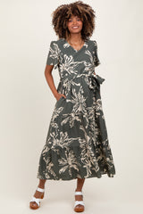 Olive Floral V-Neck Waist Tie Maternity Midi Dress
