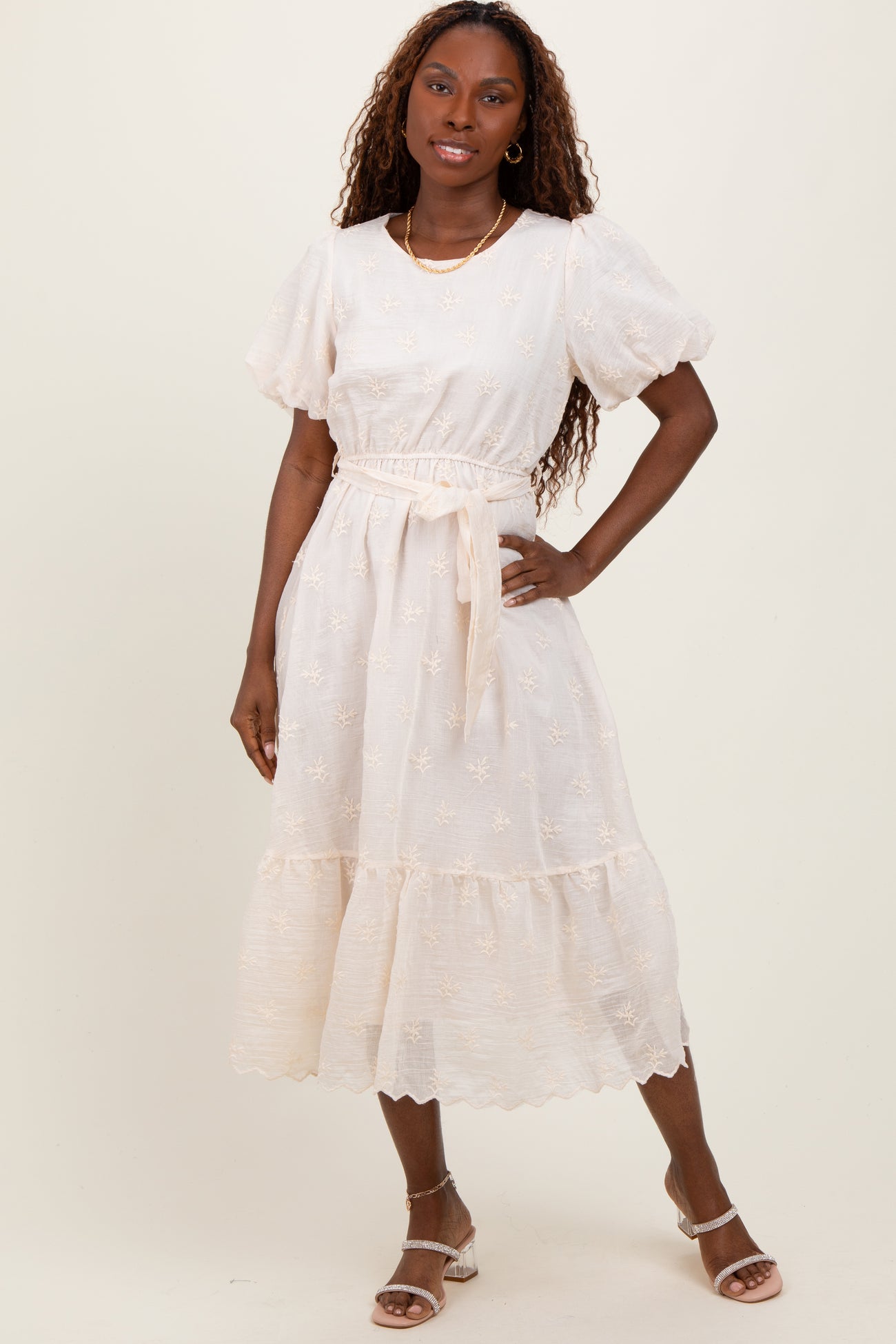 Ivory Embroidered Tied Waist Short Sleeve Midi Dress