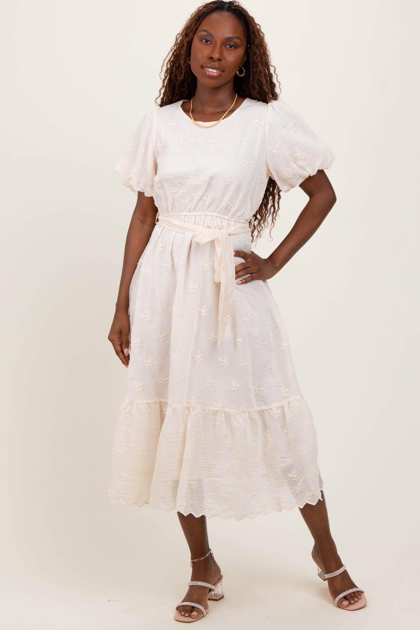 Ivory Embroidered Tied Waist Short Sleeve Maternity Midi Dress