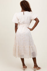 Ivory Embroidered Tied Waist Short Sleeve Midi Dress