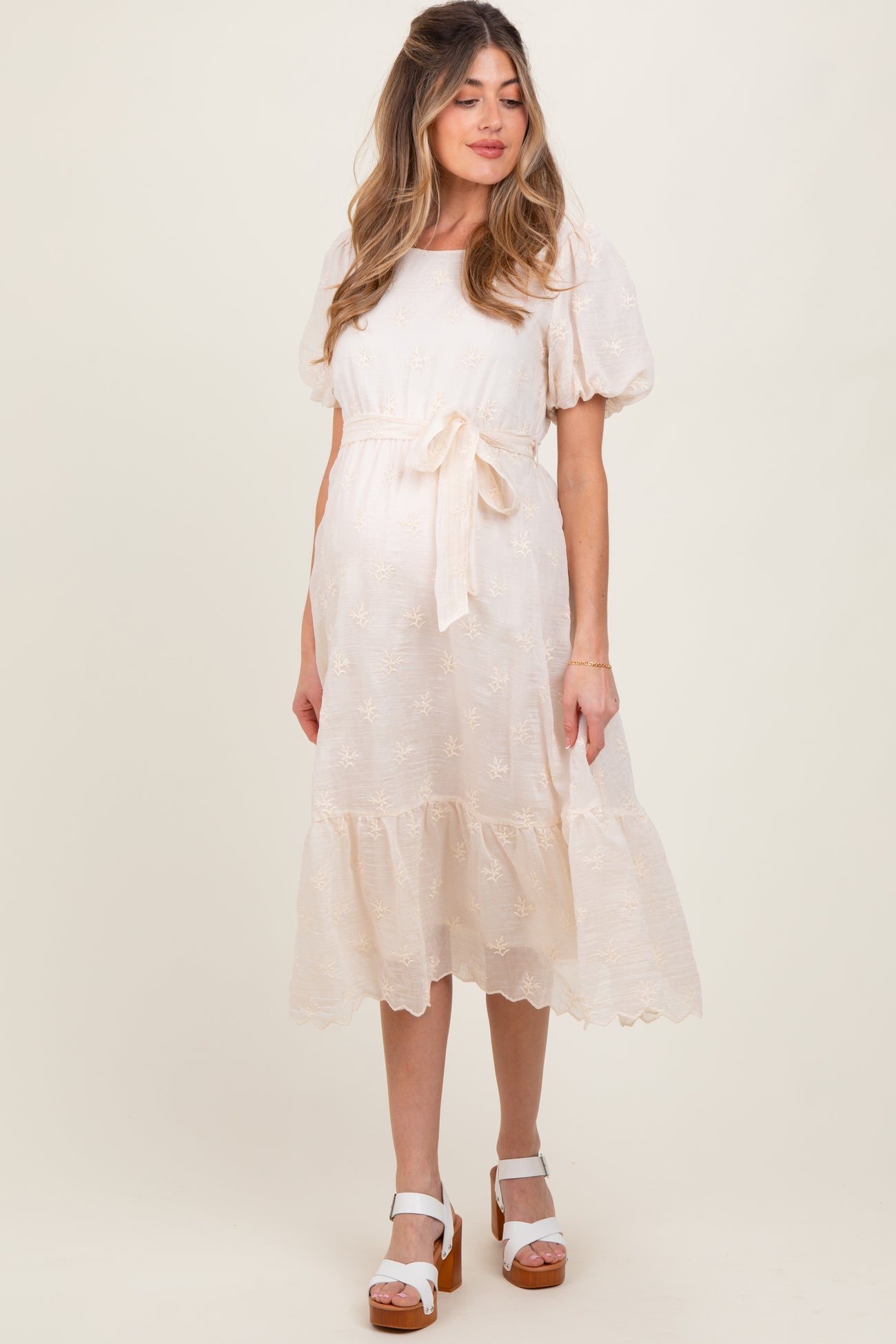 Ivory Embroidered Tied Waist Short Sleeve Maternity Midi Dress