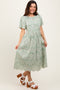 Light Olive Floral Embroidered Tied Waist Midi Dress