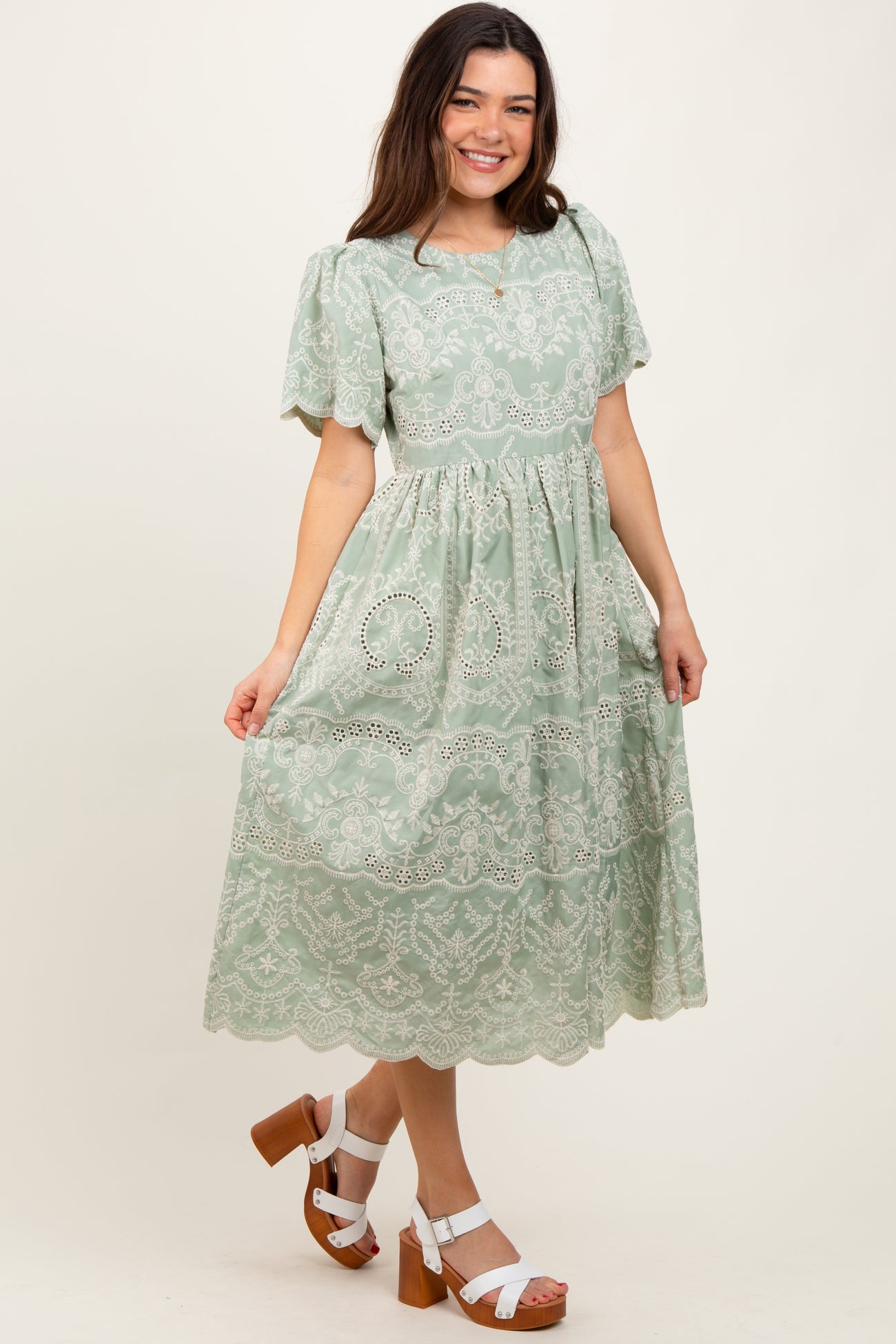 Light Olive Floral Embroidered Tied Waist Maternity Midi Dress